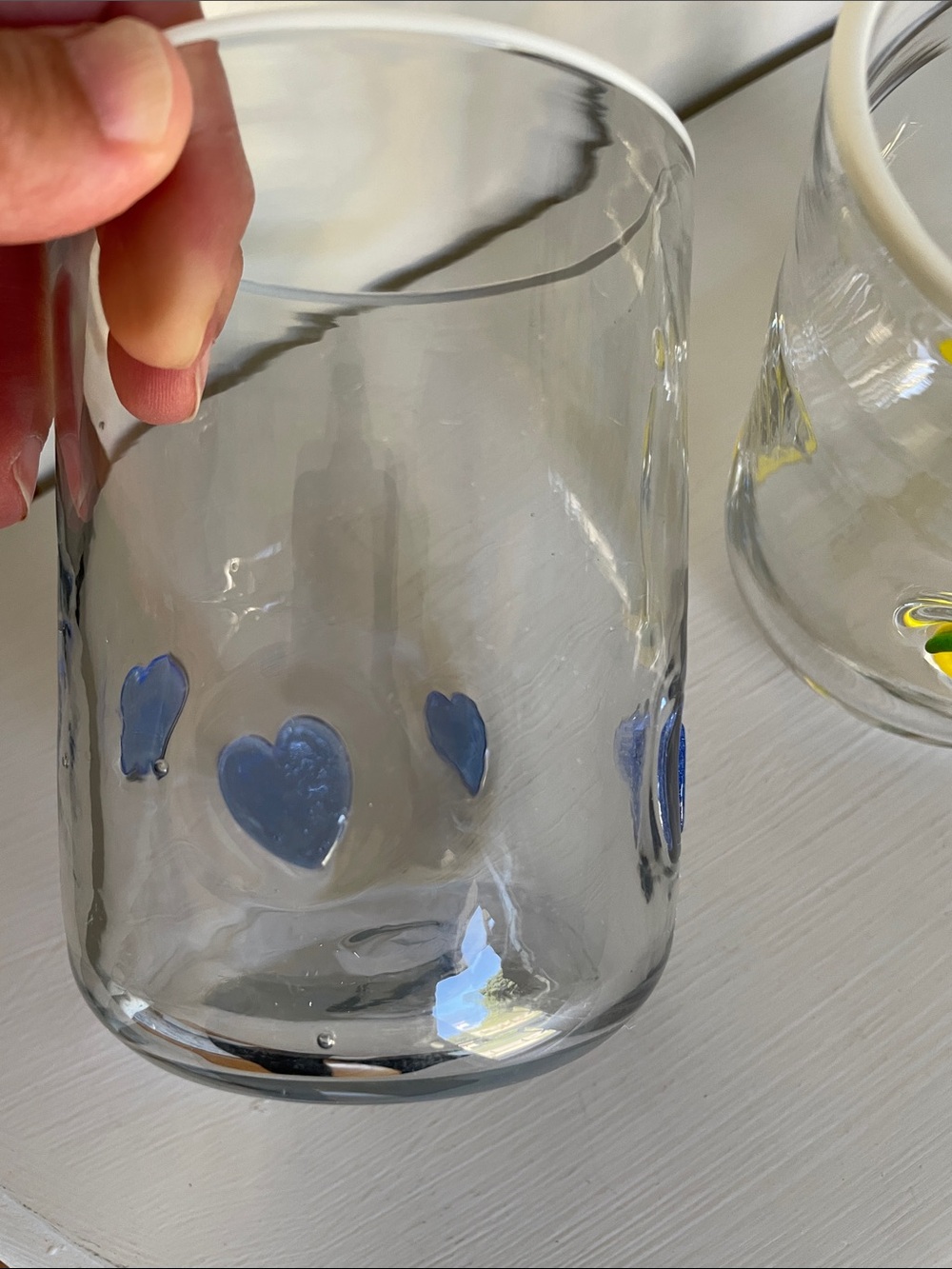 Anthropologie glassware. 2 glasses- one with blue hearts and one with lemons - Picture 2 of 5